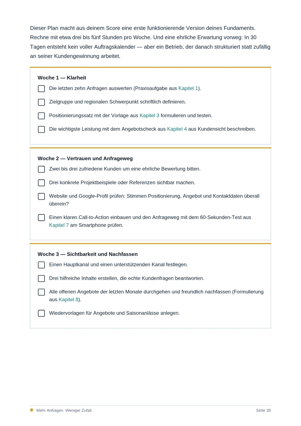 Seite aus dem Leitfaden: Wochenübersicht des 30-Tage-Fundament-Plans mit Checklisten