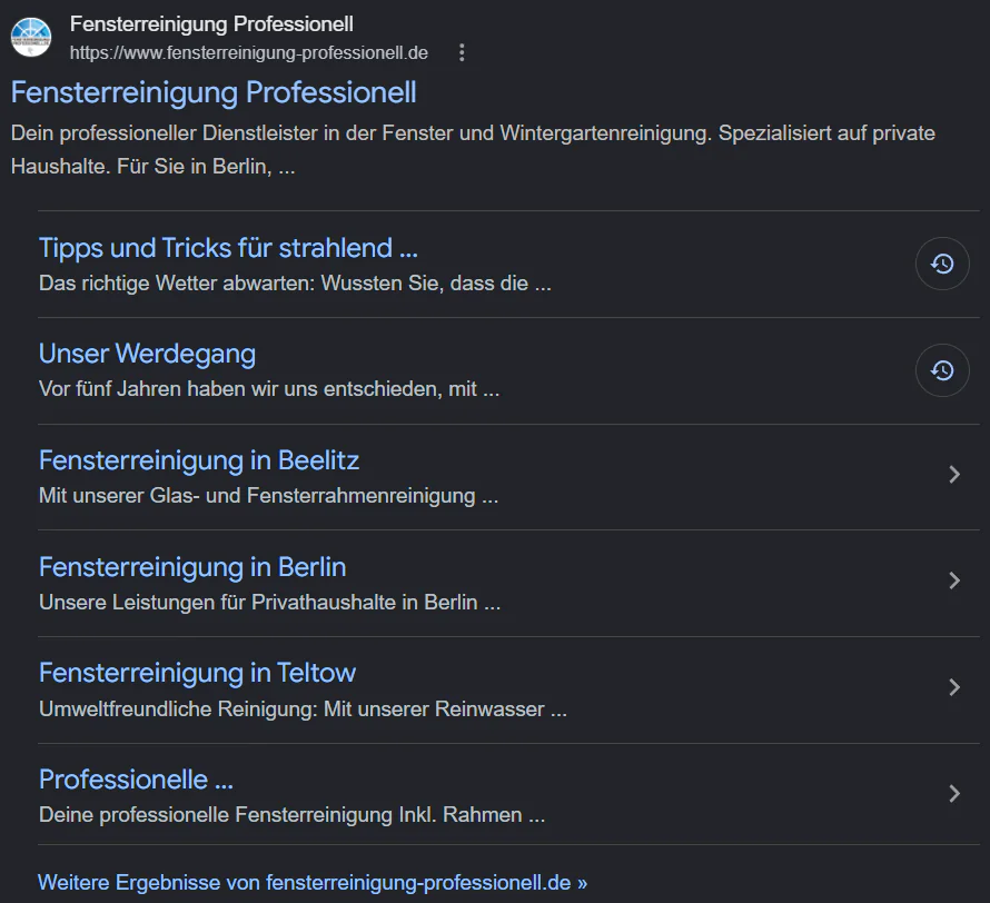 Google-Suchergebnis des Betriebs mit eigenen Orts-Unterseiten für Beelitz, Berlin und Teltow